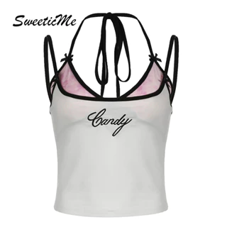 Sweeticme Nữ 2024 Thời Trang Mới Ngọt Ngào Tương Phản Màu Sắc Thêu Giả Hai Miếng Xe Tăng Áo Camisole