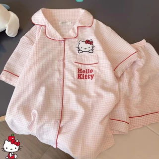 Bộ Đồ Ngủ Nữ Ngọt Ngào Và Dễ Thương Hello Kitty Kẻ Sọc Hồng Mùa Hè Phần Mỏng Da Nhẹ Thoáng Khí Mới Quần Short Tay Ngắn Học Sinh Mặc Ở Nhà Bộ Đồ Bên Ngoài Lưới Gió Đỏ Mẫu Nóng [GM]