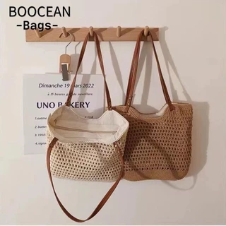 BOOCEAN Túi dệt thủ công, Túi đeo vai rỗng thời trang bằng rơm màu trơn, Túi đi biển du lịch