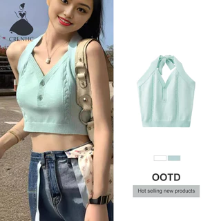 Áo Crop top Dệt Kim Không Tay Hở Lưng Y2k Thời Trang Mùa Hè Vintage Gợi Cảm Cho Nữ