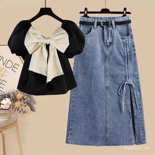 Bộ Đồ Mùa Hè Nữ 2024 Phong Cách Mới Plus Size Nữ Phong Cách Pháp Cổ Vuông Nơ Tay Ngắn Top Váy Denim Hai Mảnh Phù Hợp Với DUSE