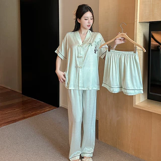 Xuân Hè Mới Ba Mảnh Bộ Đồ Ngủ Top Quần Short Nữ Nhân Tạo Lụa Ngọt Ngào Giải Trí Homewear Phù Hợp Với