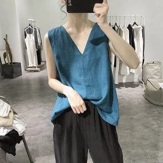 Mùa Hè Phong Cách Mới Đơn Giản Retro Cổ Chữ V Cotton Vải Lanh Vest Nữ Dáng Rộng Không Tay Top