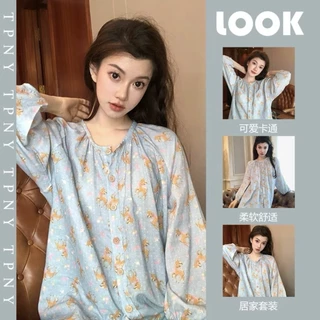 Bộ Đồ Ngủ Hươu Dễ Thương Cho Nữ Xuân Thu Mới Quần Dài Tay Ngọt Ngào Cao Cấp Áo Cardigan Mặc Nhà