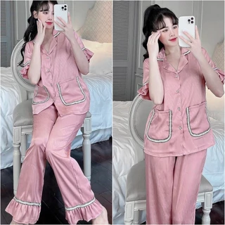 Đồ bộ nữ pijama lụa gấm xước tay ngắn quần dài mặc nhà JUSOKA