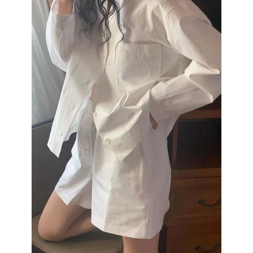 Thương Hiệu Lớn Pure Desire Phong Cách Cao Cấp Influencer Bộ Đồ Ngủ Trắng Nữ Xuân Hè Dài Tay Quần Short Loungewear Bộ Đồ Mùa Hè