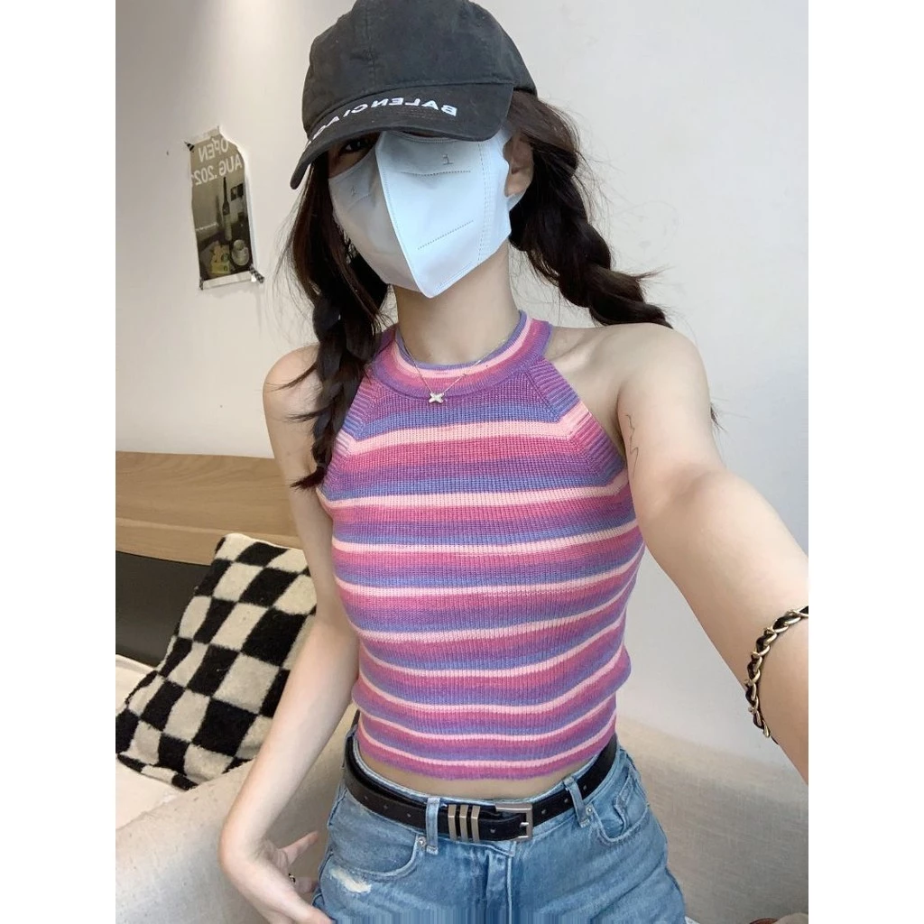 Pure Desire Nhiều Màu Sắc Sọc Vest Camisole Nữ Mùa Hè Phong Cách Mới Pháp Ngọt Cay Phong Cách Bên Trong Mặc Bên Ngoài Ngắn Đáy Top