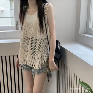 Phong Cách Hồng Kông Mùa Hè Hot Girl Thiết Kế Rỗng Dệt Kim Áo Khoác Ngoài Nữ Mùa Xuân Áo Khoác Ngoài Không Tay Áo Top Nữ DYCP