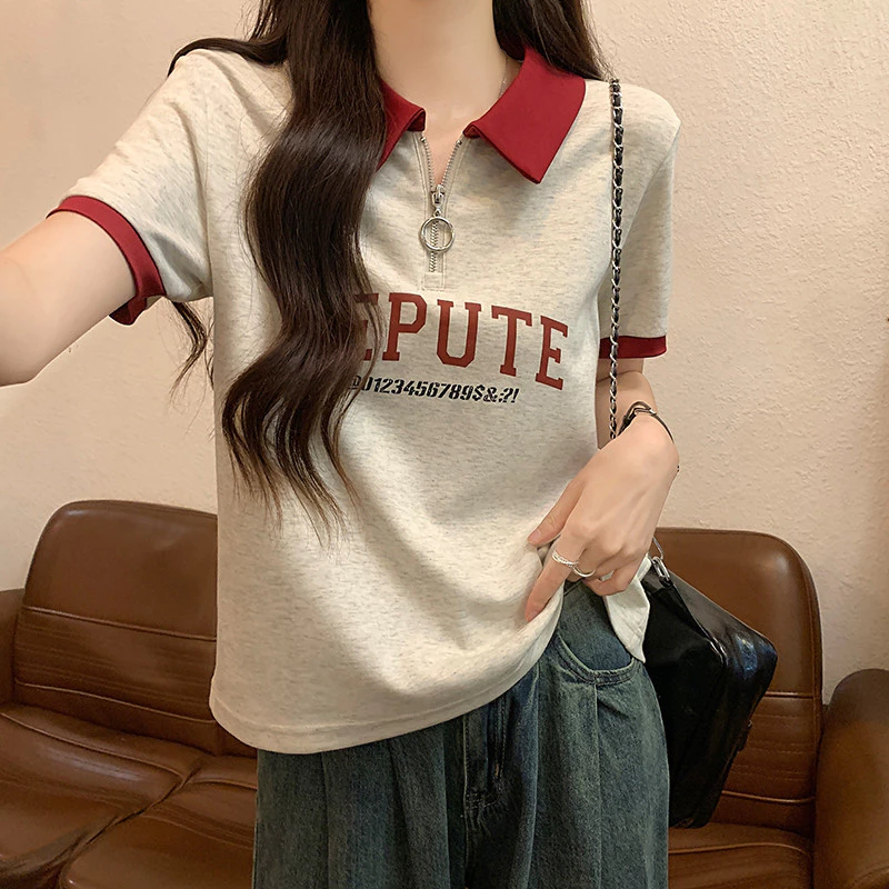 SUXI Retro In Hình Cổ Áo Polo Thường Ngày Đa Năng Phong Cách Hàn Quốc Áo Thun Nữ Tay Ngắn 240320