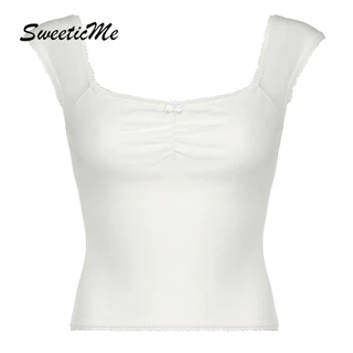 Sweeticme Nữ 2024 Thời Trang Mới Nhăn Cổ Vuông Ôm Phù Hợp Với Nhân Quả Xe Tăng Áo Camisole