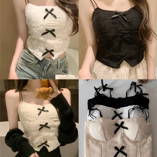 [Zestiva] áo yếm Retro cotton áo hai dây nữ gợi cảm Hàn Quốc áo thun ôm body Nơ HHFUW0174