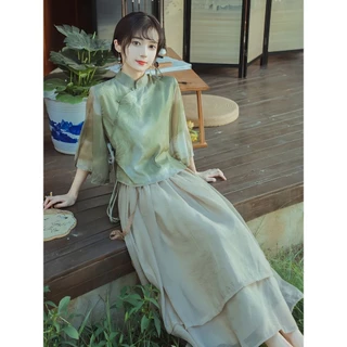 Hanfu Mới Phong Cách Trung Hoa Sườn Xám Hai Mảnh Phù Hợp Với Hàng Ngày Cải Tiến Văn Học Phong Cách Trung Hoa Mỏng Hơn Nhìn Nhẹ Nhàng Đầm Mùa Hè