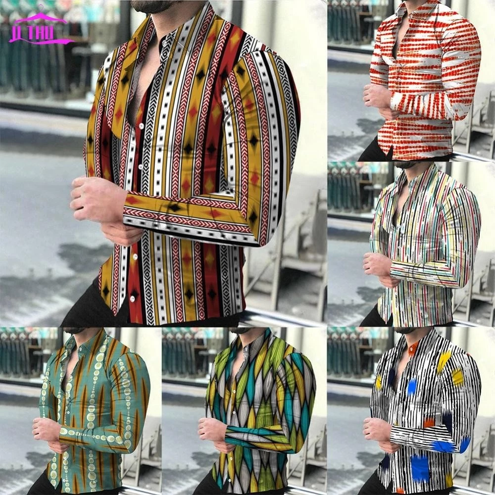 【UTHU】Men Shirts 3D Printing Breathable Button Up Shirts Fashion Long Sleeves Lapel