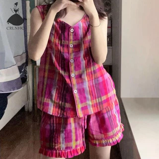 Crlnhc Bộ đồ ngủ ca rô màu sắc dành cho nữ Áo Vest thường ngày mùa hè và quần short gia đình Bộ hai mảnh vn