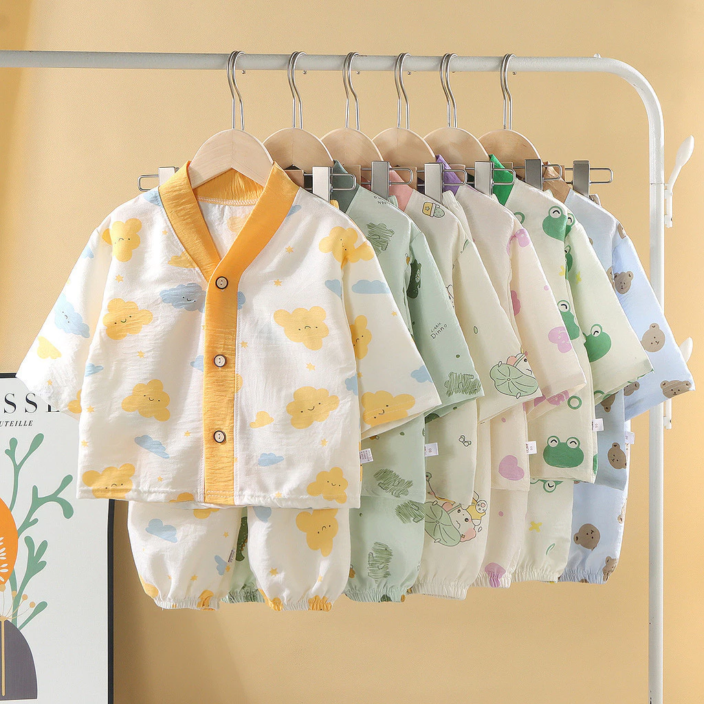 [Zy] 60-160cm Bộ đồ Cardigan trẻ em có sẵn Bộ đồ gạc mềm Bộ đồ mặc nhà mát mẻ cho bé Bộ đồ ngủ thông thường Bộ đồ ngủ Quần áo điều hòa không khí cho bé Phiên bản Hàn Quốc Quần áo trẻ em
