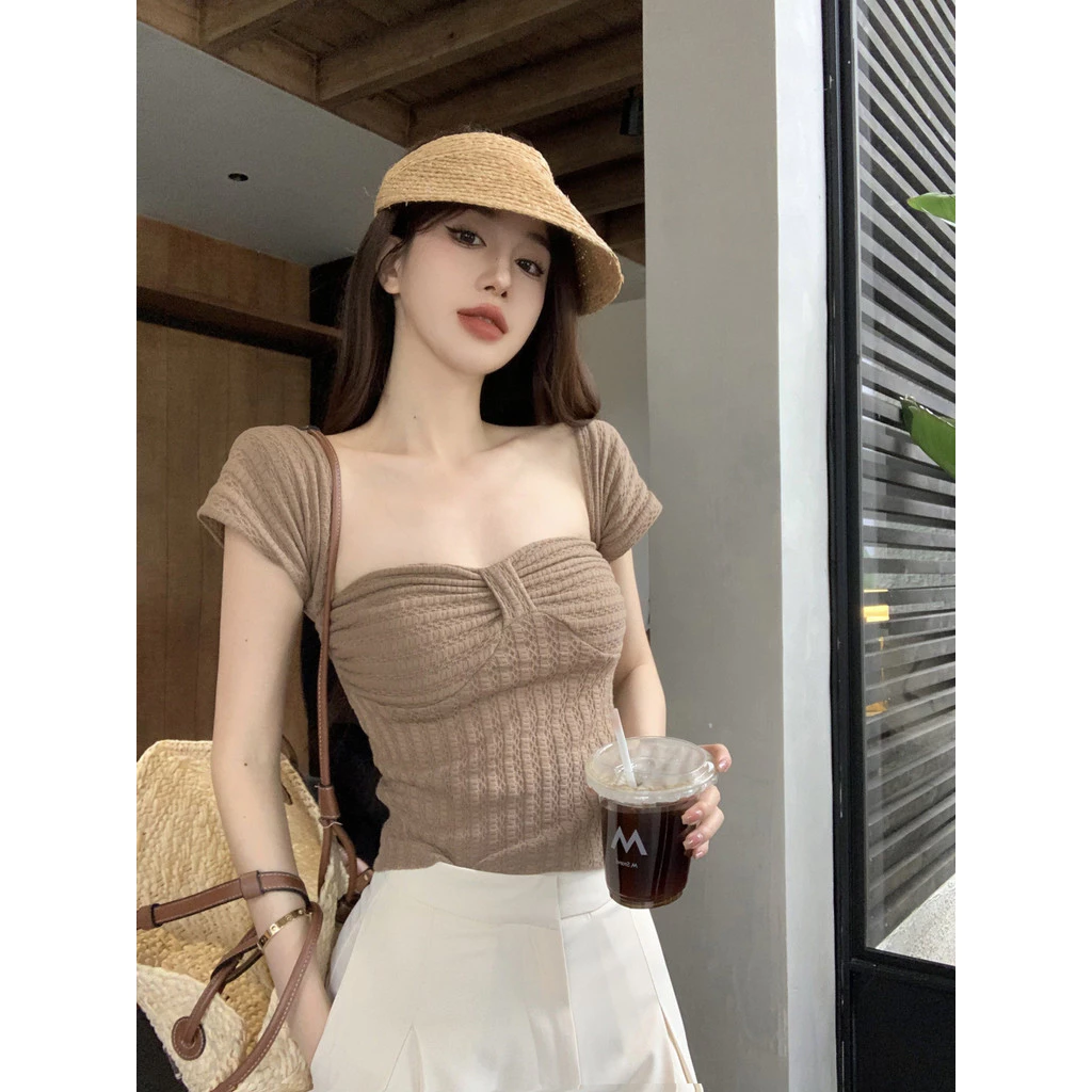 Pure Desire Style Hot Girl Áo len ngắn tay một vai dành cho nữ Mùa hè Phong cách mới Nơ Slim-fit Slim-fit Slimer Look Short Top / Simple Commuter / Phiên bản Hàn Quốc Yếu tố phổ biến / Thủ công: Màu trơn, Phiên bản quần áo Nơ xếp li: Slim-fit