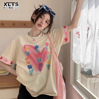 Xin LAN YA SHE Nữ Mới Cổ Tròn Mỹ In Hình Tình Yêu Tích Cực Áo Thun Tay Ngắn Rời Top