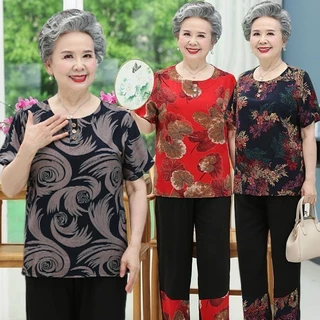 Bà Mùa Hè Quần Áo Cotton Lụa Phù Hợp Với Áo Thun Nữ Người Cao Tuổi Mùa Hè Tay Ngắn Người Cao Tuổi Quần Áo Người Cao Tuổi Nữ Top Mẹ Quần Áo