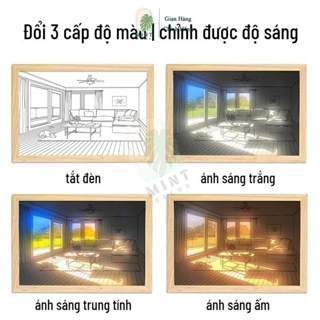 Tranh Đèn Led 3D phát sáng 3 Chế Độ Màu Dùng trang trí bàn học decor bàn làm việc tranh phong cảnh tối giản Mint