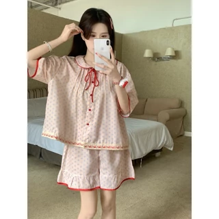 [Sẵn] BN264_Bộ ngủ pijama nữ ngắn tay quần đùi cổ bèo nơ chất cotton mềm | Hàng quảng châu cao cấp