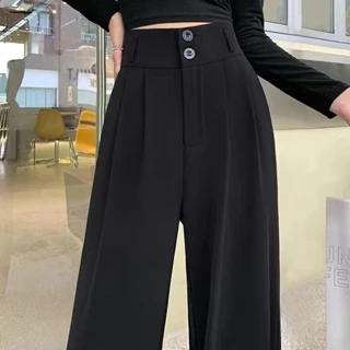 Quần ống rộng màu đen nữ mùa hè cạp cao Drape All-Match Slimmer Look Mopping Thẳng hình quả lê Quần thể phù hợp với quần