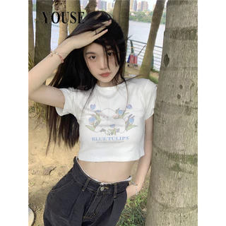 YOUSE áo phông áo thun nữ croptop baby tee Thể thao Vintage thời trang Dễ thương WCS2430IBE 12Z240321