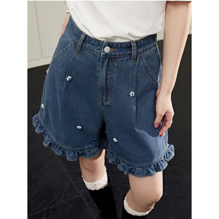 Ống Rộng Retro Quần Short Denim Nữ Mùa Hè Phong Cách Mới Cao Cấp Nhỏ Pháp Xù Đính Hạt Mỏng Hơn Nhìn Quần