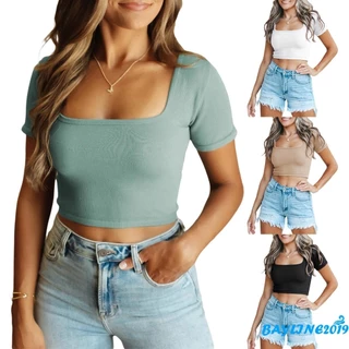 Áo crop top cổ vuông Bay-Nữ Áo thun ngắn tay màu trơn mùa hè