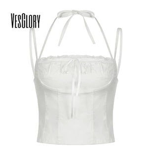 Vesglory Nữ Màu Trơn Tank Top 2024 Thời Trang Mới Ren Nguyên Chất Ghép Xếp Ly Ren-up Camisole