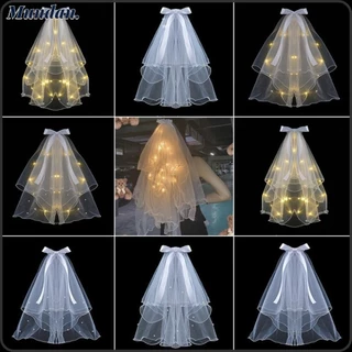 Mundan Glow Wedding Veil, Đèn LED Phát Sáng Trong Bóng Tối Viền Nơ, Phụ Kiện Tóc Có Lưới Ngọc Trai Có Kẹp Sáng Veil Đảng