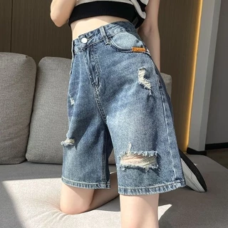 Jiashuchen Rách Quần Short Denim Nữ Năm Điểm Mùa Hè Mỏng Cao Cấp Chữ a Rời Ôm Hơn Nhìn Nhỏ Retro Ống Rộng Quần Giữa