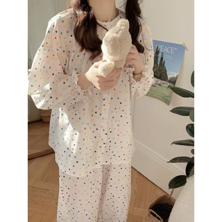 Mùa Xuân Phiên Bản Hàn Quốc ins Phong Cách Ngọt Ngào Nhỏ Màu Tươi Chấm Bi Dài Tay Homewear Váy Ngủ Phù Hợp Với Nữ