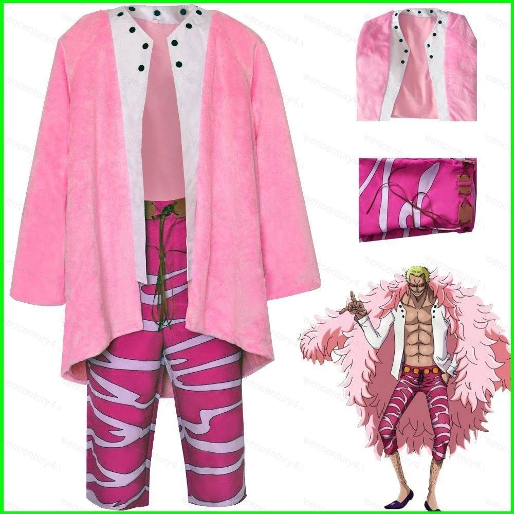 G4 ONE PIECE Anime Donquixote Doflamingo Trang Phục Hóa Trang Dài Tay Màu Hồng Áo Bộ Đồng Phục Tiệc Halloween