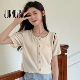 Áo len cardigan nữ JUNNOVGAL màu trơn giản dị phù hợp với cổ chữ U tay ngắn 2024 Phong cách mới Slim Fit