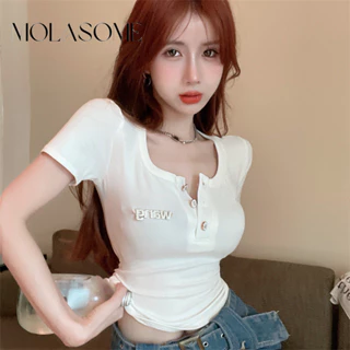 Molasome Nữ 2024 Thời Trang Mới Màu Cổ Tròn Tay Ngắn Slim Fit Áo Thun