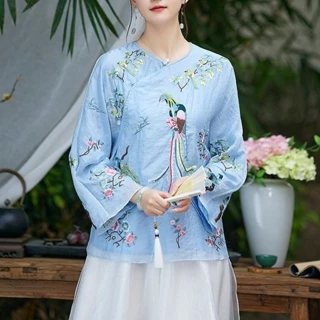 Mùa Xuân Mùa Hè Retro Top Thêu Phong Cách Dân Tộc Phong Cách Trung Hoa Size Lớn Đường Phù Hợp Với Thêu Nữ Cổ Hanfu Cải Tiến