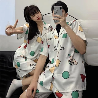 Hàn Quốc Hàn Quốc Băng Lụa Bộ Đồ Ngủ Nam Nữ Mùa Hè Mỏng Tay Ngắn Influencer Phong Cách Pyjama Quần Phù Hợp Với Giả Lụa