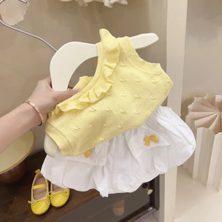 Bộ ruffle jacquard mới dành cho bé gái phiên bản Hàn Quốc của bé gái áo vest dệt kim quần short hai mảnh