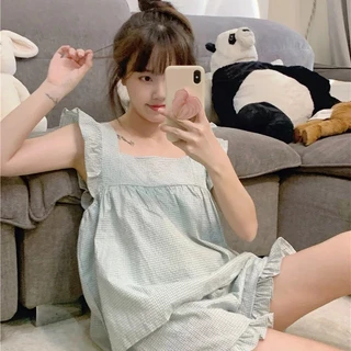 Bộ Đồ Ngủ Nữ Mùa Hè ins Phong Cách Ngọt Ngào Không Tay Quần Short Loungewear Xù Kẻ Sọc Dễ Thương Bên Ngoài Mặc Bộ Đồ Hai Mảnh