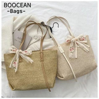 BOOCEAN Túi dệt rơm, Túi đeo vai thủ công bằng rơm màu trơn, Túi đi biển du lịch