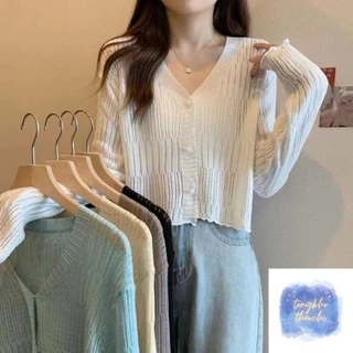 Áo Khoác Len Cardigan, Áo Khoác Kiểu Dệt Kim Mỏng Thoáng Khí Sóng Cổ Tim Tay Dài Cài Khuy Thời Trang Nữ | Vui Vẻ Shop