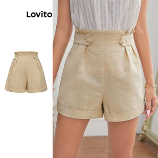 Quần short Lovito xếp ly màu trơn phong cách Boho dành cho nữ L80ED193