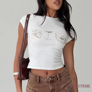 [] -Áo Crop top mỏng mùa hè dành cho nữ Áo thun ngắn tay cổ tròn hình bướm rượu vang in áo thun