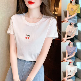 Mùa Hè Cổ Tròn Đơn Giản Thêu Áo Thun Nữ Rời Ôm Hơn Nhìn Thường Ngày Nguyên Chất Cotton Top