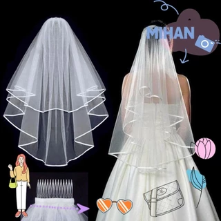 Mihan1 Veil Cô Dâu Trắng Ngà Phụ Kiện Cưới Ren Cạnh Ảnh Veil Ngắn Đơn Giản Với Lược