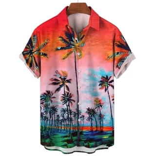 Áo sơ mi nam tay ngắn phong cách đi biển Hawaii 2024, in cây dừa 3D tiên tiến, Colorfast, Chất liệu Nylon, Quần áo nam thường ngày thời trang