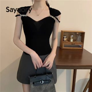 Áo thun dệt kim ngắn tay màu đen Sayuory 2024 dành cho nữ