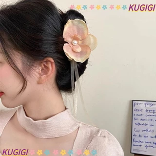 Kẹp tóc hoa KUGI Phalaenopsis, Kẹp cá mập lớn bằng vải, Ruy băng lụa ngọt ngào Bohemia Kẹp bên cô gái