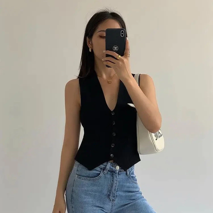 Đen Cổ Chữ V Cardigan Áo Vest Nữ Mùa Hè 2024 Phong Cách Mới Retro Lớp Mỏng Phù Hợp Với Mỏng Hơn Nhìn Không Tay Top