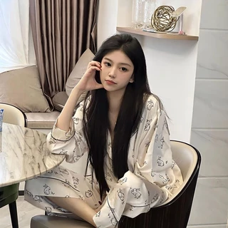 [Hàng có sẵn] Bộ đồ ngủ nữ Bộ đồ ngủ dài tay Bộ đồ ngủ dễ thương Plus Size Loungewear Bộ đồ ngủ hai mảnh Phim hoạt hình sinh viên Hàn Quốc Ngọt ngào Đơn giản Mỏng dài @ -